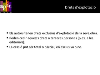 Cal no confondre l'ISBN amb un indicador de qualitat o excel·lència científica.Obres i autors> drets moralsCom protegir-los? Obligació dels editors de dipositar exemplars de tota obra publicada per tal de poder recollir i preservar el conjunt de la producció  editada.