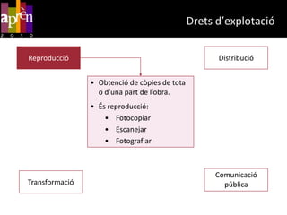 Drets d’explotacióEls drets d’explotació no són perpetus:Obres literàries, científiques i artístiques  70 anys a la mort de l’autor.Programes d’ordinador  70 anys a comptar des de l’u de gener posterior a la seva edició.Artistes intèrprets, audiovisuals, fonogrames  50 anys a comptar des de l’u de gener posterior a la seva edició.Meres fotografies  25 anys a comptar des de l’u de gener posterior a la seva edició.Edicions d’obres de domini públic  25 anys a comptar des de l’u de gener posterior a la seva edició.Un cop transcorregut aquest període, les obres passen a domini públic.