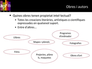Llei 23/2006, de 7 de juliol, per la qual es modifica el text refós de la llei de propietat intel·lectual.Obres i autorsQuines obres tenen propietat intel·lectual?Totes les creacions literàries, artístiques o científiques expressades en qualsevol suport.Entre d’altres...Programes d’ordinadorLlibresMapes i plànolsFotografiesProjectes, plànols, maquetesFilmsObres d’art