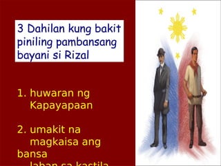 3 Dahilan kung bakit
piniling pambansang
bayani si Rizal


1. huwaran ng
   Kapayapaan

2. umakit na
   magkaisa ang
bansa
 