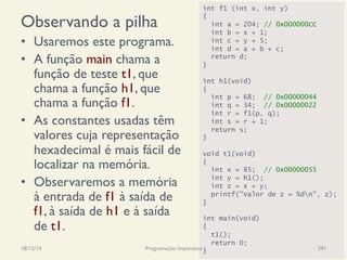 int f1 (int x, int y)
{
int a = 204; // 0x000000CC
int b = x + 1;
int c = y + 5;
int d = a + b + c;
return d;
}
int h1(void)
{
int p = 68; // 0x00000044
int q = 34; // 0x00000022
int r = f1(p, q);
int s = r + 1;
return s;
}
void t1(void)
{
int x = 85; // 0x00000055
int y = h1();
int z = x + y;
printf("Valor de z = %dn", z);
}
int main(void)
{
t1();
return 0;
}
Observando a pilha
•  Usaremos este programa.
•  A função main chama a
função de teste t1, que
chama a função h1, que
chama a função f1.
•  As constantes usadas têm
valores cuja representação
hexadecimal é mais fácil de
localizar na memória.
•  Observaremos a memória
à entrada de f1 à saída de
f1, à saída de h1 e à saída
de t1.
18/12/14 Programação Imperativa 291
 