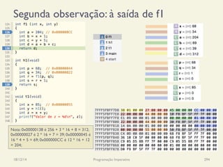 Segunda observação: à saída de f1
18/12/14 Programação Imperativa 294
Nota: 0x00000138 é 256 + 3 * 16 + 8 = 312;
0x00000027 é 2 * 16 + 7 = 39; 0x00000045 é
16 * 4 + 5 = 69; 0x000000CC é 12 * 16 + 12
= 204;
 