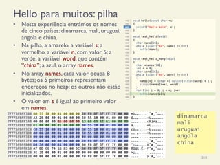 Hello para muitos: pilha
•  Nesta experiência entrámos os nomes
de cinco países: dinamarca, mali, uruguai,
angola e china.
•  Na pilha, a amarelo, a variável s; a
vermelho, a variável n, com valor 5; a
verde, a variável word, que contém
“china”; a azul, o array names.
•  No array names, cada valor ocupa 8
bytes; os 5 primeiros representam
endereços no heap; os outros não estão
inicializados.
•  O valor em s é igual ao primeiro valor
em names.
18/12/14 Programação Imperativa 318
dinamarca
mali
uruguai
angola
china
 