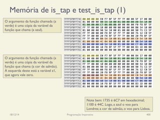 Memória de is_tap e test_is_tap (1)
18/12/14 Programação Imperativa 400
O argumento da função chamada (a
verde) é uma cópia da variável da
função que chama (a azul).
O argumento da função chamada (a
verde) é uma cópia da variável da
função que chama (a cor de salmão).
À esquerda deste está a variável z1,
que agora vale zero.
Note bem: 1735 é 6C7 em hexadecimal;
1100 é 44C. Logo, a azul o voo para
Londres; a cor de salmão, o voo para Lisboa.
 