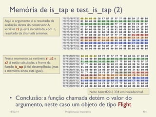 Memória de is_tap e test_is_tap (2)
18/12/14 Programação Imperativa 401
Aqui o argumento é o resultado da
avaliação direta do construtor.A
variável z2 já está inicializada, com 1,
resultado da chamada anterior.
Neste momento, as variáveis z1, z2 e
z3 já estão calculadas; a frame da
função is_tap já foi desempilhada (mas
a memória ainda está igual).
•  Conclusão: a função chamada detém o valor do
argumento, neste caso um objeto de tipo Flight.
Note bem: 820 é 334 em hexadecimal.
 