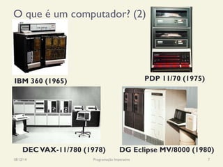 O que é um computador? (2)
18/12/14 Programação Imperativa 7
IBM 360 (1965)
DG Eclipse MV/8000 (1980)DECVAX-11/780 (1978)
PDP 11/70 (1975)
 