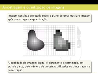 Amostragem e quantizac¸˜ao de imagens
Imagem cont´ınua projetada sobre o plano de uma matriz e imagem
ap´os amostragem e quantizac¸˜ao:
A qualidade da imagem digital ´e claramente determinada, em
grande parte, pelo n´umero de amostras utilizados na amostragem e
quantizac¸˜ao.
 