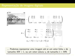 Representac¸˜ao de imagens digitais
=


f (0, 0) f (0, 1) · · · f (0, N − 1)
f (1, 0) f (1, 1) · · · f (1, N − 1)
.
.
.
.
.
.
.
.
.
.
.
.
f (M − 1, 0) f (M − 1, 1) · · · f (M − 1, N − 1)


A =



a0,0 a0,1 · · · a0,N−1
a1,0 a1,1 · · · a1,N−1
...
...
...
...
aM−1,0 aM−1,1 · · · aM−1,N−1



ai,j = f (x = i, y = j) = f (i, j)
... Podemos representar uma imagem at´e or um vetor linha v de
tamanho MX × 1, ou um vetor coluna vt de tamanho 1 × MN.
 