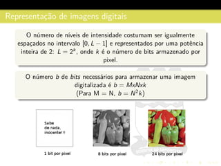 Representac¸˜ao de imagens digitais
O n´umero de n´ıveis de intensidade costumam ser igualmente
espac¸ados no intervalo [0, L − 1] e representados por uma potˆencia
inteira de 2: L = 2k, onde k ´e o n´umero de bits armazenado por
pixel.
O n´umero b de bits necess´arios para armazenar uma imagem
digitalizada ´e b = MxNxk
(Para M = N, b = N2k)
 