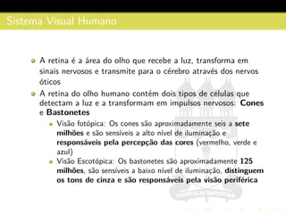 Sistema Visual Humano
A retina ´e a ´area do olho que recebe a luz, transforma em
sinais nervosos e transmite para o c´erebro atrav´es dos nervos
´oticos
A retina do olho humano cont´em dois tipos de c´elulas que
detectam a luz e a transformam em impulsos nervosos: Cones
e Bastonetes
Vis˜ao fot´opica: Os cones s˜ao aproximadamente seis a sete
milh˜oes e s˜ao sens´ıveis a alto n´ıvel de iluminac¸˜ao e
respons´aveis pela percep¸c˜ao das cores (vermelho, verde e
azul)
Vis˜ao Escot´opica: Os bastonetes s˜ao aproximadamente 125
milh˜oes, s˜ao sens´ıveis a baixo n´ıvel de iluminac¸˜ao, distinguem
os tons de cinza e s˜ao respons´aveis pela vis˜ao perif´erica
 