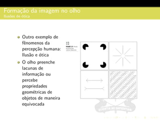 Formac¸˜ao da imagem no olho
Ilus˜oes de ´otica
Outro exemplo de
fˆenomenos da
percepc¸˜ao humana:
Ilus˜ao e ´otica
O olho preenche
lacunas de
informac¸˜ao ou
percebe
propriedades
geom´etricas de
objetos de maneira
equivocada
 