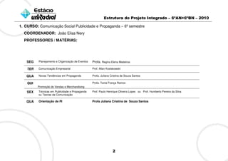 Estrutura do Projeto Integrado – 6ºAN+6ºBN – 2010

1. CURSO: Comunicação Social Publicidade e Propaganda – 6º semestre
  COORDENADOR: João Elias Nery
  PROFESSORES / MATÉRIAS:




    SEG   Planejamento e Organização de Eventos   Profa. Regina Elena Medeiros

    TER   Comunicação Empresarial                 Prof. Allan Koslakowski

   QUA    Novas Tendências em Propaganda          Profa. Juliana Cristina de Souza Santos

    QUI                                           Profa. Tania França Ramos
          Promoção de Vendas e Merchandising
    SEX   Técnicas em Publicidade e Propaganda    Prof. Paulo Henrique Oliveira Lopes ou Prof. Humberto Pereira da Silva
          ou Teorias da Comunicação

   QUA    Orientação de PI                        Profa Juliana Cristina de Souza Santos




                                                                  2
 