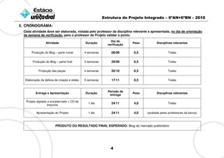 Estrutura do Projeto Integrado – 6ºAN+6ºBN – 2010

5. CRONOGRAMA:
 Cada atividade deve ser elaborada, vistada pelo professor da disciplina relevante e apresentada, no dia de orientação
 da semana de verificação, para o professor de Projeto validar o ponto.
                                                              Dia de
                 Atividade                    Duração                     Peso           Disciplinas relevantes
                                                            verificação

      Produção do Blog – parte inicial        4 semanas       08/09       0,5                    Todas


       Produção do Blog – parte final         3 semanas       29/09       0,5                    Todas


            Produção das peças.               4 semanas       20/10       0,5                    Todas


  Elaboração da defesa de criação e slides.   5 semanas       17/11       0,5                    Todas


                                                            Período de
         Entrega e Apresentação               Duração                     Peso           Disciplinas relevantes
                                                             entrega

   Projeto digitado e encadernado + CD de
                                                1 dia         24/11       4,0                    Todas
                   arquivos

          Apresentação do Projeto               1 dia         24/11       4,0     (avaliada pelos professores da banca)



                        PRODUTO OU RESULTADO FINAL ESPERADO: Blog do mercado publicitário




                                                              4
 