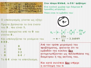 Στον π υρο R h i n d , το 5 0
                                        άπ                        ο
                                                                      πρόβλημα
                                                                       ρόβλημα:
                                  Ένα κυκλικό χωράφι έχει διάμετρο 9
                                  ( μονάδες μέτρησης ) .
                                  Πόσο είναι το εμβαδόν του ;


Ο υπολογισμός γίνεται ως εξής :
Πρώτα βρίσκεται το ένα ένατο
του 9 , π είναι 1.
         ου
Αυτό αφαιρείται απ το 9 και
                  ό
γίνεται 8 .
Και υπ ολογίζεται το γινόμενο του
8 X8 .
                               Απ τον τρόπ χειρισμού του
                                 ό         ο
  1           8
                               προβλήματος , φαίνεται ότι το
  2          16
                               εμβαδόν του κύκλου δεν
  4          32
                               αντιμετωπίζονταν ως π ολλαπ λάσιο της
 8          64 /
                               διαμέτρου ή της ακτίνας του .
Το 6 4 είναι το απ οτέλεσμα .
                               Και κατά συνέπ εια δεν υπήρχε
                               η αντίληψη του π .
 