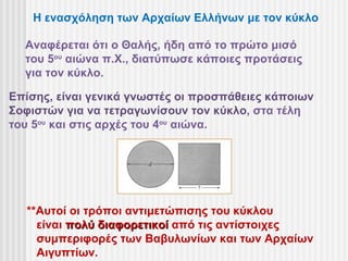 Η ενασχόληση των Αρχαίων Ελλήνων με τον κύκλο

  Αναφέρεται ότι ο Θαλής, ήδη από το πρώτο μισό
  του 5ου αιώνα π.Χ., διατύπωσε κάποιες προτάσεις
  για τον κύκλο.

Επίσης, είναι γενικά γνωστές οι προσπάθειες κάποιων
Σοφιστών για να τετραγωνίσουν τον κύκλο, στα τέλη
του 5ου και στις αρχές του 4ου αιώνα.




  **Αυτοί οι τρόποι αντιμετώπισης του κύκλου
    είναι πολύ διαφορετικοί από τις αντίστοιχες
    συμπεριφορές των Βαβυλωνίων και των Αρχαίων
    Αιγυπτίων.
 
