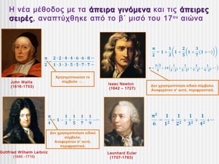 Η νέα μέθοδος με τα άπειρα γινόμενα και τις άπειρες
    σειρές, αναπτύχθηκε από το β΄ μισό του 17 ου αιώνα
    σειρές




                              Χρησιμοποιούσε το
     John Wallis                 σύμβολο □ .
                                                       Isaac Newton     Δεν χρησιμοποίησε ειδικό σύμβολο.
     (1616-1703)                                        (1642 – 1727)   Αναφερόταν σ’ αυτό, περιφραστικά.




                            Δεν χρησιμοποίησε ειδικό
                                   σύμβολο.
                              Αναφερόταν σ’ αυτό,
                                 περιφραστικά.
Gottfried Wilhelm Leibniz                              Leonhard Euler
        (1646 –1716)                                    (1707-1783)
 