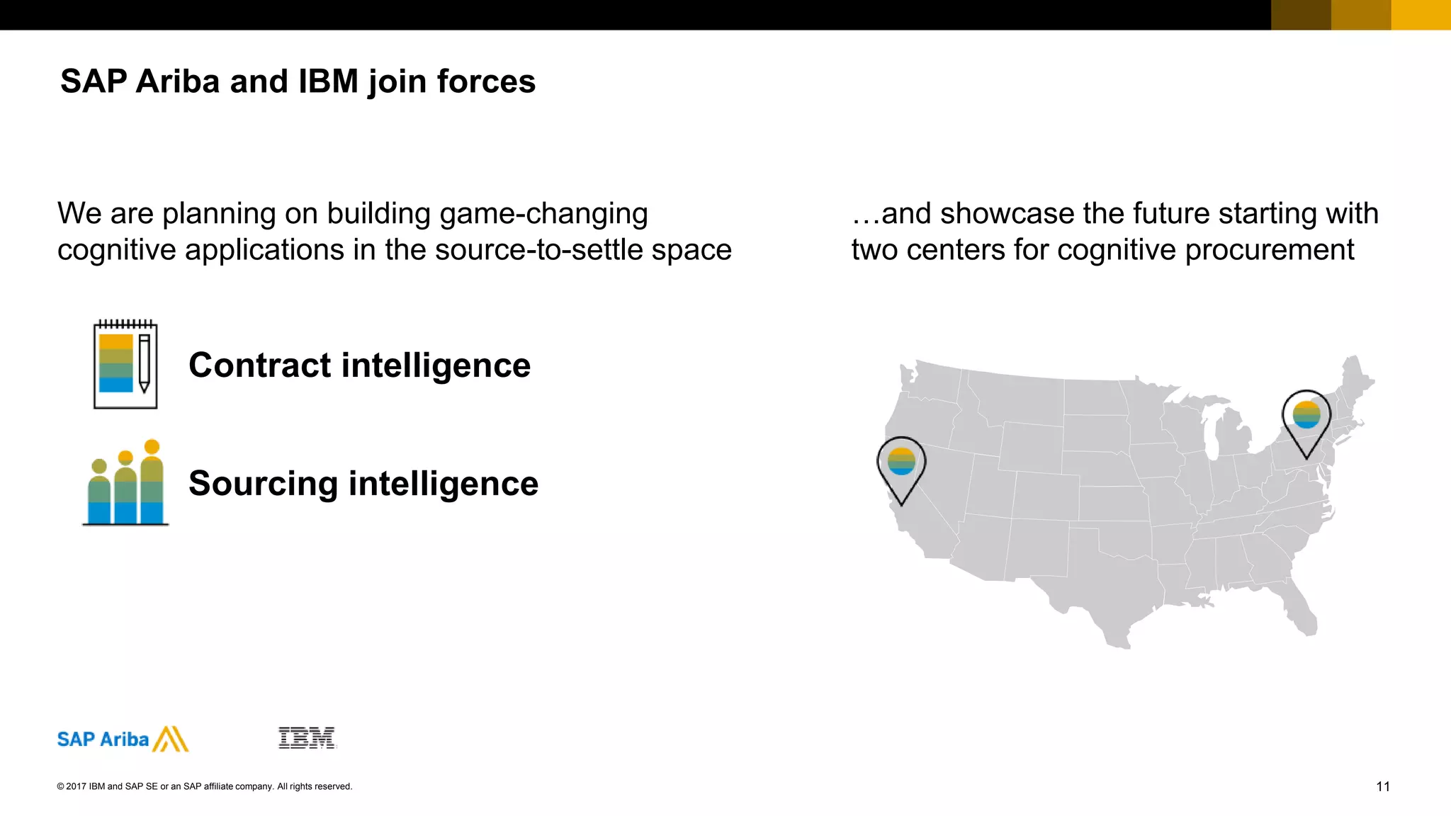 11PUBLIC© 2017 SAP SE or an SAP affiliate company. All rights reserved. ǀ
SAP Ariba and IBM join forces
…and showcase the future starting with
two centers for cognitive procurement
We are planning on building game-changing
cognitive applications in the source-to-settle space
Contract intelligence
Sourcing intelligence
© 2017 IBM and SAP SE or an SAP affiliate company. All rights reserved.
 