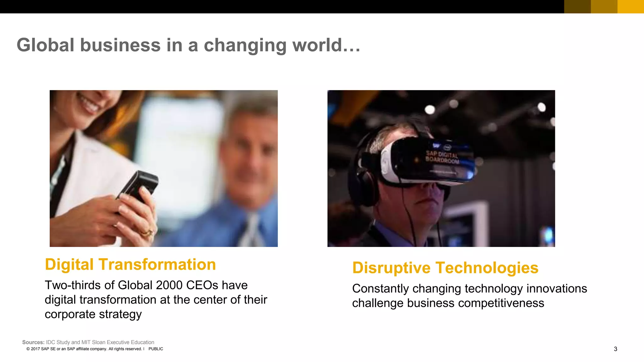 3PUBLIC© 2017 SAP SE or an SAP affiliate company. All rights reserved. ǀ
Global business in a changing world…
Digital Transformation
Two-thirds of Global 2000 CEOs have
digital transformation at the center of their
corporate strategy
Sources: IDC Study and MIT Sloan Executive Education
Disruptive Technologies
Constantly changing technology innovations
challenge business competitiveness
 