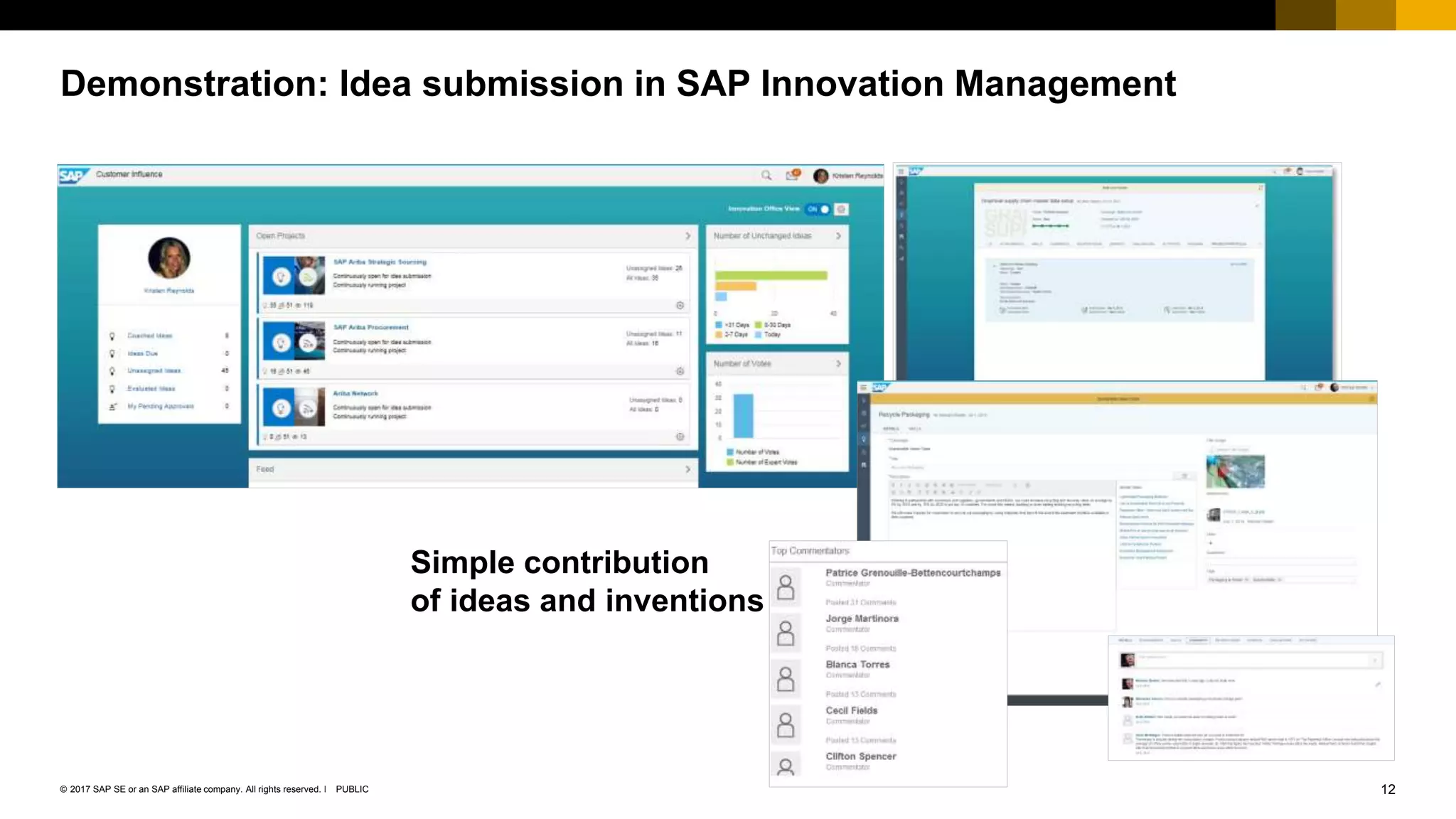 12PUBLIC© 2017 SAP SE or an SAP affiliate company. All rights reserved. ǀ
Demonstration: Idea submission in SAP Innovation Management
Simple contribution
of ideas and inventions
 