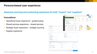 11PUBLIC© 2017 SAP SE or an SAP affiliate company. All rights reserved. ǀ
Public
Persona-based user experience
Innovations:
 Operational buyer experience – guided buying
 Shared services experience – shared services
 Strategic buyer experience – strategic sourcing
 Supplier experience
Awesome sourcing and contracting experience for both “buyers” and “suppliers”
 
