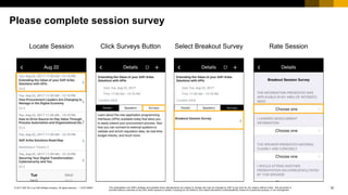 15CUSTOMER© 2017 SAP SE or an SAP affiliate company. All rights reserved. ǀ
CUSTOMER
This presentation and SAP‘s strategy and possible future developments are subject to change and may be changed by SAP at any time for any reason without notice. This document is
provided without a warranty of any kind, either express or implied, including but not limited to, the implied warranties of merchantability, fitness for a particular purpose, or non-infringement
Please complete session survey
Locate Session Click Surveys Button Select Breakout Survey Rate Session
 
