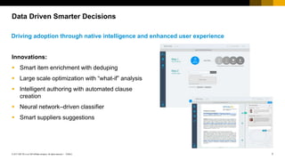7PUBLIC© 2017 SAP SE or an SAP affiliate company. All rights reserved. ǀ
Public
Data Driven Smarter Decisions
Innovations:
 Smart item enrichment with deduping
 Large scale optimization with “what-if” analysis
 Intelligent authoring with automated clause
creation
 Neural network–driven classifier
 Smart suppliers suggestions
Driving adoption through native intelligence and enhanced user experience
 