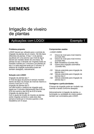 Irrigação de viveiro
de plantas
Aplicações com LOGO! Exemplo 1
3UREOHPD SURSRVWR
LOGO! deverá ser utilizado para o controle de
irrigação de plantas de um viveiro. Há três tipos
diferentes de plantas. O tipo 1 é de plantas
aquáticas em uma piscina cujo nível da água
deverá ser mantido dentro de uma faixa. As
plantas do tipo 2 deverão ser irrigadas todas as
manhãs e tardes por 3 minutos e as plantas do
tipo 3 a cada segunda tarde por 2 minutos. O
sistema de irrigação automática pode ser
também desligado, naturalmente.
6ROXomR FRP /2*2
Irrigação de plantas tipo 1
O nível de água da piscina é sempre mantido
dentro da faixa via chaves de nível de máximo e
mínimo nível (em I1 e I2).
Irrigação de plantas tipo 2
Via relé horário o sistema de irrigação será
ligado por 3 minutos (diáriamente) das 6:00 às
6:03 da manhã e das 8:00 às 8:03 à tarde.
Irrigação de plantas tipo 3
Com a ajuda da função de impulso as plantas
serão irrigadas somente a cada dois dias;
sempre à tarde por 2 minutos quando o relé
fotoelétrico em I3 atuar.
&RPSRQHQWHV XVDGRV
- LOGO! 230RC
- I1 Chave de nível para nível máximo
(Contato NA)
- I2 Chave de nível para nível mínimo
(Contato NA)
- I3 Relé fotoelétrico (Contato NA)
- I4 Chave para irrigação automática
(Contato NA)
- Q1 Válvula solenóide para irrigação de
plantas tipo 1
- Q2 Válvula solenóide para irrigação de
plantas tipo 2
- Q3 Válvula solenóide para irrigação de
plantas tipo 3
9DQWDJHQV H SDUWLFXODULGDGHV
O tempo de irrigação pode ser mudado nas
manhãs e tardes conforme desejado.
Adicionalmente à irrigação de plantas, a
iluminação ou ventilação do viveiro podem
também ser controlados pelo LOGO!.
ss
 