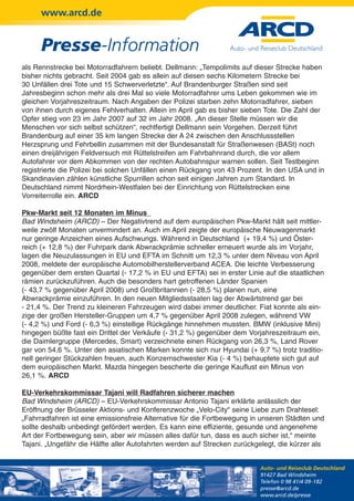 www.arcd.de


      Presse-Information
als Rennstrecke bei Motorradfahrern beliebt. Dellmann: „Tempolimits auf dieser Strecke haben
bisher nichts gebracht. Seit 2004 gab es allein auf diesen sechs Kilometern Strecke bei
30 Unfällen drei Tote und 15 Schwerverletzte“. Auf Brandenburger Straßen sind seit
Jahresbeginn schon mehr als drei Mal so viele Motorradfahrer ums Leben gekommen wie im
gleichen Vorjahreszeitraum. Nach Angaben der Polizei starben zehn Motorradfahrer, sieben
von ihnen durch eigenes Fehlverhalten. Allein im April gab es bisher sieben Tote. Die Zahl der
Opfer stieg von 23 im Jahr 2007 auf 32 im Jahr 2008. „An dieser Stelle müssen wir die
Menschen vor sich selbst schützen“, rechtfertigt Dellmann sein Vorgehen. Derzeit führt
Brandenburg auf einer 35 km langen Strecke der A 24 zwischen den Anschlussstellen
Herzsprung und Fehrbellin zusammen mit der Bundesanstalt für Straßenwesen (BASt) noch
einen dreijährigen Feldversuch mit Rüttelstreifen am Fahrbahnrand durch, die vor allem
Autofahrer vor dem Abkommen von der rechten Autobahnspur warnen sollen. Seit Testbeginn
registrierte die Polizei bei solchen Unfällen einen Rückgang von 43 Prozent. In den USA und in
Skandinavien zählen künstliche Spurrillen schon seit einigen Jahren zum Standard. In
Deutschland nimmt Nordrhein-Westfalen bei der Einrichtung von Rüttelstrecken eine
Vorreiterrolle ein. ARCD

Pkw-Markt seit 12 Monaten im Minus
Bad Windsheim (ARCD) – Der Negativtrend auf dem europäischen Pkw-Markt hält seit mittler-
weile zwölf Monaten unvermindert an. Auch im April zeigte der europäische Neuwagenmarkt
nur geringe Anzeichen eines Aufschwungs. Während in Deutschland (+ 19,4 %) und Öster-
reich (+ 12,8 %) der Fuhrpark dank Abwrackprämie schneller erneuert wurde als im Vorjahr,
lagen die Neuzulassungen in EU und EFTA im Schnitt um 12,3 % unter dem Niveau von April
2008, meldete der europäische Automobilherstellerverband ACEA. Die leichte Verbesserung
gegenüber dem ersten Quartal (- 17,2 % in EU und EFTA) sei in erster Linie auf die staatlichen
rämien zurückzuführen. Auch die besonders hart getroffenen Länder Spanien
(- 43,7 % gegenüber April 2008) und Großbritannien (- 28,5 %) planen nun, eine
Abwrackprämie einzuführen. In den neuen Mitgliedsstaaten lag der Abwärtstrend gar bei
- 21,4 %. Der Trend zu kleineren Fahrzeugen wird dabei immer deutlicher. Fiat konnte als ein-
zige der großen Hersteller-Gruppen um 4,7 % gegenüber April 2008 zulegen, während VW
(- 4,2 %) und Ford (- 6,3 %) einstellige Rückgänge hinnehmen mussten. BMW (inklusive Mini)
hingegen büßte fast ein Drittel der Verkäufe (- 31,2 %) gegenüber dem Vorjahreszeitraum ein,
die Daimlergruppe (Mercedes, Smart) verzeichnete einen Rückgang von 26,3 %, Land Rover
gar von 54,6 %. Unter den asiatischen Marken konnte sich nur Hyundai (+ 9,7 %) trotz traditio-
nell geringer Stückzahlen freuen, auch Konzernschwester Kia (- 4 %) behauptete sich gut auf
dem europäischen Markt. Mazda hingegen bescherte die geringe Kauflust ein Minus von
26,1 %. ARCD

EU-Verkehrskommissar Tajani will Radfahren sicherer machen
Bad Windsheim (ARCD) – EU-Verkehrskommissar Antonio Tajani erklärte anlässlich der
Eröffnung der Brüsseler Aktions- und Konferenzwoche „Velo-City“ seine Liebe zum Drahtesel:
„Fahrradfahren ist eine emissionsfreie Alternative für die Fortbewegung in unseren Städten und
sollte deshalb unbedingt gefördert werden. Es kann eine effiziente, gesunde und angenehme
Art der Fortbewegung sein, aber wir müssen alles dafür tun, dass es auch sicher ist,“ meinte
Tajani. „Ungefähr die Hälfte aller Autofahrten werden auf Strecken zurückgelegt, die kürzer als


                                                                          Auto- und Reiseclub Deutschland
                                                                          91427 Bad Windsheim
                                                                          Telefon 0 98 41/4 09-182
                                                                          presse@arcd.de
                                                                          www.arcd.de/presse
 