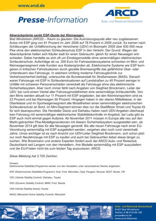 www.arcd.de


        Presse-Information
Abwrackprämie senkt ESP-Quote bei Kleinwagen
Bad Windsheim (ARCD) – Kaum zu glauben: Die Ausrüstungsquote aller neu zugelassenen
Autos mit ESP ging von 81 Prozent im Jahr 2008 auf 78 Prozent in 2009 zurück. Es kamen nach
Schätzungen der Unfallforschung der Versicherer (UDV) im Boomjahr 2009 über 830 000 neue
Pkw ohne den elektronischen Schleuderschutz ESP in den Verkehr. Der Grund: Wegen der
Abwrackprämie hatten sich Käufer statt für einen Gebraucht- gleich für einen Neuwagen ent-
schieden. Dabei handelte es sich oft um Einstiegsmodelle ohne serienmäßigen elektronischen
Schleuderschutz. Aufschläge ab ca. 300 Euro für Fahrassistenzsysteme schrecken im Mini- und
Kleinwagensegment viele Kunden aus Kostengründen ab. Elektronische Systeme wie ESP korri-
gieren in kritischen Fahrsituationen durch gezielte Bremseingriffe das gefährliche Über- oder
Untersteuern des Fahrzeugs. In welchem Umfang moderne Fahrzeugtechnik zur
Verkehrssicherheit beiträgt, untersuchte die Bundesanstalt für Straßenwesen (BASt). Danach
waren Fahrzeuge mit ESP in Schleudersituationen auf Landstraßen zu 40 Prozent weniger in
Unfälle mit schweren Personenschäden verwickelt als Fahrzeuge ohne das elektronische
Sicherheitssystem. Aber noch immer fehlt nach Angaben von Siegfried Brockmann, Leiter der
UDV, bei rund einem Viertel aller Fahrzeugmodellreihen eine serienmäßige Schleuderhilfe. Von
den Minis werden aktuell nur 11 Prozent mit ESP angeboten, bei den Kleintransportern sind es
23 Prozent und bei Kleinwagen 50 Prozent. Hingegen haben in der oberen Mittelklasse, in der
Oberklasse und im Sportwagensegment alle Modellreihen einen serienmäßigen elektronischen
Schleuderschutz an Bord. Im Mini-Segment können dies nur die Stadtflitzer Smart und Toyota IQ
für sich beanspruchen. Die Hersteller Dacia und Daihatsu haben nach UDV-Angaben überhaupt
kein Fahrzeug mit serienmäßiger elektronischer Stabilitätskontrolle im Angebot, bei Lada gibt es
ESP auch nicht einmal gegen Aufpreis. Ab November 2011 müssen in Europa alle neu auf den
Markt gebrachten Pkw-Modellgenerationen mit diesem Sicherheitssystem ausgestattet sein, ab
November 2014 gilt dies für alle Neuwagen generell. Bis alle neuen Fahrzeuge nach einer EU-
Verordnung serienmäßig mit ESP ausgeliefert werden, vergehen also noch rund viereinhalb
Jahre. Umso wichtiger ist es nach Ansicht von UDV-Leiter Siegfried Brockmann, sich schon jetzt
nur noch Neufahrzeuge mit ESP zu kaufen und auch bei Gebrauchten lieber etwas länger zu
suchen. Wie Brockmann und andere Experten fordert auch der ARCD Auto- und Reiseclub
Deutschland seit Langem von den Herstellern, ihre Modelle serienmäßig mit ESP auszuliefern
und die EU-Fristen nicht bis zum letzten Tag auszureizen. ARCD

Diese Meldung hat 2.705 Zeichen.

Hinweis:
Elektronische Stabilitäts-Programme werden von den Herstellern unter verschiedenen Namen angeboten:

ESP (Elektronisches Stabilitäts-Programm): Audi, Ford, Mercedes, Opel, Peugeot, Renault, SEAT, Skoda, VW

VSC (Vehicle Stability Control): Daihatsu, Toyota

DSC (Dynamic Stability Control): BMW, Ford, Mazda

VSA (Vehicle Stability Assist): Honda

MASC (Mitsubishi Active Stability Control): Mitsubishi




                                                                                              Auto- und Reiseclub Deutschland
                                                                                              91427 Bad Windsheim
                                                                                              Telefon 0 98 41/4 09-182
                                                                                              presse@arcd.de
                                                                                              www.arcd.de/presse
 