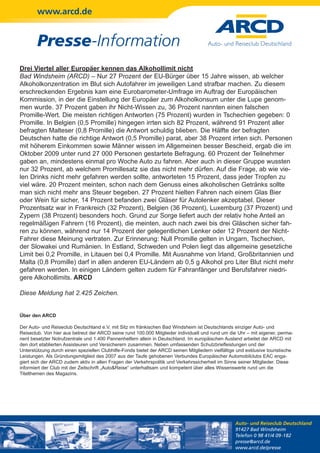 www.arcd.de


        Presse-Information
Drei Viertel aller Europäer kennen das Alkohollimit nicht
Bad Windsheim (ARCD) – Nur 27 Prozent der EU-Bürger über 15 Jahre wissen, ab welcher
Alkoholkonzentration im Blut sich Autofahrer im jeweiligen Land strafbar machen. Zu diesem
erschreckenden Ergebnis kam eine Eurobarometer-Umfrage im Auftrag der Europäischen
Kommission, in der die Einstellung der Europäer zum Alkoholkonsum unter die Lupe genom-
men wurde. 37 Prozent gaben ihr Nicht-Wissen zu, 36 Prozent nannten einen falschen
Promille-Wert. Die meisten richtigen Antworten (75 Prozent) wurden in Tschechien gegeben: 0
Promille. In Belgien (0,5 Promille) hingegen irrten sich 82 Prozent, während 91 Prozent aller
befragten Malteser (0,8 Promille) die Antwort schuldig blieben. Die Hälfte der befragten
Deutschen hatte die richtige Antwort (0,5 Promille) parat, aber 38 Prozent irrten sich. Personen
mit höherem Einkommen sowie Männer wissen im Allgemeinen besser Bescheid, ergab die im
Oktober 2009 unter rund 27 000 Personen gestartete Befragung. 60 Prozent der Teilnehmer
gaben an, mindestens einmal pro Woche Auto zu fahren. Aber auch in dieser Gruppe wussten
nur 32 Prozent, ab welchem Promillesatz sie das nicht mehr dürfen. Auf die Frage, ab wie vie-
len Drinks nicht mehr gefahren werden sollte, antworteten 15 Prozent, dass jeder Tropfen zu
viel wäre. 20 Prozent meinten, schon nach dem Genuss eines alkoholischen Getränks sollte
man sich nicht mehr ans Steuer begeben. 27 Prozent hielten Fahren nach einem Glas Bier
oder Wein für sicher, 14 Prozent befanden zwei Gläser für Autolenker akzeptabel. Dieser
Prozentsatz war in Frankreich (32 Prozent), Belgien (36 Prozent), Luxemburg (37 Prozent) und
Zypern (38 Prozent) besonders hoch. Grund zur Sorge liefert auch der relativ hohe Anteil an
regelmäßigen Fahrern (16 Prozent), die meinten, auch nach zwei bis drei Gläschen sicher fah-
ren zu können, während nur 14 Prozent der gelegentlichen Lenker oder 12 Prozent der Nicht-
Fahrer diese Meinung vertraten. Zur Erinnerung: Null Promille gelten in Ungarn, Tschechien,
der Slowakei und Rumänien. In Estland, Schweden und Polen liegt das allgemeine gesetzliche
Limit bei 0,2 Promille, in Litauen bei 0,4 Promille. Mit Ausnahme von Irland, Großbritannien und
Malta (0,8 Promille) darf in allen anderen EU-Ländern ab 0,5 g Alkohol pro Liter Blut nicht mehr
gefahren werden. In einigen Ländern gelten zudem für Fahranfänger und Berufsfahrer niedri-
gere Alkohollimits. ARCD

Diese Meldung hat 2.425 Zeichen.


Über den ARCD

Der Auto- und Reiseclub Deutschland e.V. mit Sitz im fränkischen Bad Windsheim ist Deutschlands einziger Auto- und
Reiseclub. Von hier aus betreut der ARCD seine rund 100.000 Mitglieder individuell und rund um die Uhr – mit eigener, perma-
nent besetzter Notrufzentrale und 1.400 Pannenhelfern allein in Deutschland. Im europäischen Ausland arbeitet der ARCD mit
den dort etablierten Assisteuren und Versicherern zusammen. Neben umfassenden Schutzbriefleistungen und der
Unterstützung durch einen speziellen Clubhilfe-Fonds bietet der ARCD seinen Mitgliedern vielfältige und exklusive touristische
Leistungen. Als Gründungsmitglied des 2007 aus der Taufe gehobenen Verbundes Europäischer Automobilclubs EAC enga-
giert sich der ARCD zudem aktiv in allen Fragen der Verkehrspolitik und Verkehrssicherheit im Sinne seiner Mitglieder. Diese
informiert der Club mit der Zeitschrift „Auto&Reise“ unterhaltsam und kompetent über alles Wissenswerte rund um die
Titelthemen des Magazins.




                                                                                                   Auto- und Reiseclub Deutschland
                                                                                                   91427 Bad Windsheim
                                                                                                   Telefon 0 98 41/4 09-182
                                                                                                   presse@arcd.de
                                                                                                   www.arcd.de/presse
 