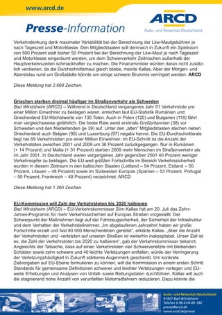 www.arcd.de


      Presse-Information
Verkehrslenkung dank maximaler Variabilität bei der Berechnung der Lkw-Mautgebühren je
nach Tageszeit und Motorklasse. Den Mitgliedstaaten soll demnach in Zukunft ein Spielraum
von 500 Prozent statt bisher 50 Prozent bei der Berechnung der Lkw-Maut je nach Tageszeit
und Motorklasse eingeräumt werden, um dem Schwerverkehr Zeitnischen außerhalb der
Hauptverkehrszeiten schmackhafter zu machen. Die Finanzminister würden daran nicht zusätz-
lich verdienen, da die Durchschnittsmaut gleich bliebe, meinte Kallas. Aber der Morgen- und
Abendstau rund um Großstädte könnte um einige schwere Brummis verringert werden. ARCD

Diese Meldung hat 2.669 Zeichen.


Griechen sterben dreimal häufiger im Straßenverkehr als Schweden
Bad Windsheim (ARCD) – Während in Deutschland vergangenes Jahr 51 Verkehrstote pro
einer Million Einwohner zu beklagen waren, erreichen laut EU-Statistik Rumänien und
Griechenland EU-Höchstwerte von 130 Toten. Auch in Polen (120) und Bulgarien (118) fährt
man vergleichsweise gefährlich. Die beste Rate weist erstmals Großbritannien (38) vor
Schweden und den Niederlanden (je 39) auf. Unter den „alten“ Mitgliedstaaten stechen neben
Griechenland auch Belgien (90) und Luxemburg (97) negativ hervor. Die EU-Durchschnittsrate
liegt bei 69 Verkehrstoten pro einer Million Einwohner; im EU-Schnitt ist die Anzahl der
Verkehrstoten zwischen 2001 und 2009 um 36 Prozent zurückgegangen. Nur in Rumänien
(+ 14 Prozent) und Malta (+ 31 Prozent) starben 2009 mehr Menschen im Straßenverkehr als
im Jahr 2001. In Deutschland waren vergangenes Jahr gegenüber 2001 40 Prozent weniger
Verkehrsopfer zu beklagen. Die EU-weit größten Fortschritte im Bereich Verkehrssicherheit
wurden in diesem Zeitraum in den baltischen Staaten (Lettland – 54 Prozent, Estland – 50
Prozent, Litauen – 48 Prozent) sowie im Südwesten Europas (Spanien – 53 Prozent, Portugal
– 50 Prozent, Frankreich – 48 Prozent) verzeichnet. ARCD

Diese Meldung hat 1.260 Zeichen.


EU-Kommission will Zahl der Verkehrstoten bis 2020 halbieren
Bad Windsheim (ARCD) – EU-Verkehrskommissar Siim Kallas hat am 20. Juli das Zehn-
Jahres-Programm für mehr Verkehrssicherheit auf Europas Straßen vorgestellt. Der
Schwerpunkt der Maßnahmen liegt auf der Fahrzeugsicherheit, der Sicherheit der Infrastruktur
und dem Verhalten der Verkehrsteilnehmer. „Im abgelaufenen Jahrzehnt haben wir große
Fortschritte erzielt und fast 80 000 Menschenleben gerettet“, erklärte Kallas. „Aber die Anzahl
der Verkehrstoten und -verletzten auf unseren Straßen ist weiterhin inakzeptabel. Unser Ziel ist
es, die Zahl der Verkehrstoten bis 2020 zu halbieren“, gab der Verkehrskommissar bekannt.
Angesichts der Tatsache, dass auf einen Verkehrstoten vier Schwerverletzte mit bleibenden
Schäden sowie zehn schwere und 40 leichte Verletzungen entfallen, würde der Verringerung
der Verletzungshäufigkeit in Zukunft stärkeres Augenmerk geschenkt. Um konkrete
Zielvorgaben auf EU-Ebene formulieren zu können, will die Kommission in einem ersten Schritt
Standards für gemeinsame Definitionen schwerer und leichter Verletzungen vorlegen und EU-
weite Erhebungen und Analysen von Unfall- sowie Rettungsdaten durchführen. Kallas will auch
die stagnierend hohe Anzahl von verunfallten Motorradfahrern reduzieren. Dazu könnte die


                                                                           Auto- und Reiseclub Deutschland
                                                                           91427 Bad Windsheim
                                                                           Telefon 0 98 41/4 09-182
                                                                           presse@arcd.de
                                                                           www.arcd.de/presse
 