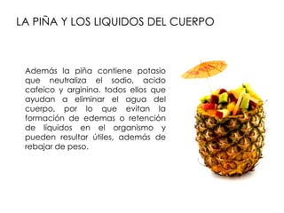 LA PIÑA Y LOS LIQUIDOS DEL CUERPO



 Además la piña contiene potasio
 que neutraliza el sodio, acido
 cafeico y arginina. todos ellos que
 ayudan a eliminar el agua del
 cuerpo, por lo que evitan la
 formación de edemas o retención
 de líquidos en el organismo y
 pueden resultar útiles, además de
 rebajar de peso.
 