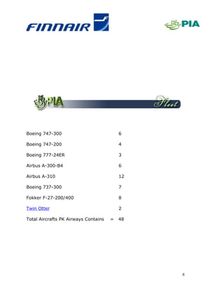 Boeing 747-300                            6

Boeing 747-200                            4

Boeing 777-24ER                           3

Airbus A-300-B4                           6

Airbus A-310                              12

Boeing 737-300                            7

Fokker F-27-200/400                       8

Twin Otter                                2

Total Aircrafts PK Airways Contains   =   48




                                               6
 