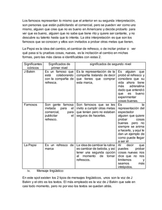 Los famosos representan lo mismo que el anterior en su segunda interpretación,
son personas que están publicitando el comercial, pero se pueden ver como uno
mismo, alguien que cree que no es bueno en Americano y decide probarlo para
ver que es bueno, alguien que no sabe que tiene rito y quiere ser cantante, y no
descubre su talento hasta que lo intenta. La otra interpretación es que son los
famosos que se conocen y ellos son invitados a probar otras metas que tienen.
La Pepsi es la idea del cambio, el cambiar de refresco, o de incitar probar o ver
qué pasa si tu pruebas cosas, nuevas, es la incitación al cambio en michas
formas, pero las más claras e identificables con estas 2.
Significantes
icónicos
Significados de
primer nivel
significados de segundo nivel
J Balvin Es un famoso que
está colaborando
con la compañía de
refresca.
Es la representación de la
compañía tratando de decir
que tienes que comprar
esta marca,
Es alguien que
probó el refresco y
considera que su
vida ahora tiene
más adrenalina
dado que entendió
que es bueno
experimentar
cosas buenas.
Famosos Son gente famosa
invitada para el
comercial, para
publicitar el
refresco.
Son famosos que se les
invito a cumplir otras metas
que tenían pero no estaban
seguros de hacerlas.
Es la
representación del
espectador
alguien que quiere
probar cosas
buenas pero no
siempre se anima
a hacerlo, y aquí le
dan un ejemplo de
como puede llegar
a ser él
La Pepsi Es un refresco de
marca
La idea de cambiar la rutina
es cambiar de bebida, y así
tener una segunda opción
al momento de tomar
refrescos.
Al decir que
puedes probar
cosas nuevas nos
dice que no nos
limitemos y
seamos más
intrépidos.
iv. Mensaje lingüístico:
En este spot existen los 2 tipos de mensajes lingüísticos, unos son la voz de J
Balvin y el otro es los textos. El más empleado es la voz de J Balvin que sale en
casi todo momento, pero no por eso los textos se quedan atrás.
 