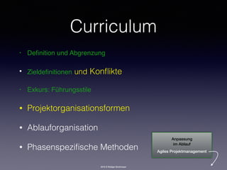 2016 © Rüdiger Strohmeyer
Curriculum
• Deﬁnition und Abgrenzung
• Zieldeﬁnitionen und Konﬂikte
• Exkurs: Führungsstile
• Projektorganisationsformen
• Ablauforganisation
• Phasenspeziﬁsche Methoden
Anpassung 
im Ablauf
Agiles Projektmanagement
 
