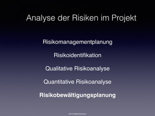 2016 © Rüdiger Strohmeyer
Analyse der Risiken im Projekt
Risikomanagementplanung
Risikoidentiﬁkation
Qualitative Risikoanalyse
Quantitative Risikoanalyse
Risikobewältigungsplanung
 