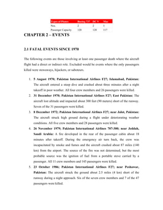 Types of Planes      Boeing 737   DC 9   Mac
                    Nos.                 2            2      1
                    Passenger Capacity   120          120    117

CHAPTER 2 – EVENTS


2.1 FATAL EVENTS SINCE 1970

The following events are those involving at least one passenger death where the aircraft
flight had a direct or indirect role. Excluded would be events where the only passengers
killed were stowaways, hijackers, or saboteurs.

   1. 5 August 1970; Pakistan International Airlines F27; Islamabad, Pakistan:
       The aircraft entered a steep dive and crashed about three minutes after a night
       takeoff in poor weather. All four crew members and 26 passengers were killed.
   2. 31 December 1970; Pakistan International Airlines F27; East Pakistan: The
       aircraft lost altitude and impacted about 300 feet (90 meters) short of the runway.
       Seven of the 31 passengers were killed.
   3. 8 December 1972; Pakistan International Airlines F27; near Jalot, Pakistan:
       The aircraft struck high ground during a flight under deteriorating weather
       conditions. All five crew members and 28 passengers were killed.
   4. 26 November 1979; Pakistan International Airlines 707-300; near Jeddah,
       Saudi Arabia: A fire developed in the rear of the passenger cabin about 18
       minutes after takeoff. During the emergency air turn back, the crew was
       incapacitated by smoke and fumes and the aircraft crashed about 87 miles (140
       km) from the airport. The source of the fire was not determined, but the most
       probable source was the ignition of fuel from a portable stove carried by a
       passenger. All 11 crew members and 145 passengers were killed.
   5. 23 October 1986; Pakistan International Airlines F27; near Peshawar,
       Pakistan: The aircraft struck the ground about 2.5 miles (4 km) short of the
       runway during a night approach. Six of the seven crew members and 7 of the 47
       passengers were killed.
 
