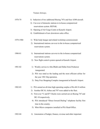 Yemen Airways.


1978-79     1) Induction of two additional Boeing 747s and four A300 aircraft.
            2) Cut-over of domestic stations to in-house computerized
                reservations system. REPAK.
            3) Opening of Air Cargo Centre at Karachi Airport.
            4) Establishment of new downtown sales office.


1979-1980   1) Wide body hangar and related workshop commissioned.
             2) International stations cut-over to the in-house computerized
                 reservations system.


1980-81      1) International stations cut-over to the in-house computerized
                 reservations system.
             2) New flight control system opened at Karachi Airport.


1981-82      1) Weekly service to Abu Dhabi and Dubai from Peshawar
                  inaugurated.
              2) PIA was rated as the leading and the most efficient airline for
                  the year 1981 Haj operation.
              3) Duty Free Shopping Complex inaugurated at Karachi Airport.


1982-83     1) PIA earned an all-time high operating surplus of Rs.441.0 million
             2) Another DC10, Airbus and 707 were added to the fleet.
             3) First ever “C and D” Checks were carried out on Boeing 747 and
                 DC-10 respectively.
              4) PIA introduced “Direct Inward Dialing” telephone facility first
                  time in the country.
              5) Mini-Micro computers installed in PIA Head Office.


1983-84      1) Automation of budget, finance, revenue and other important
 
