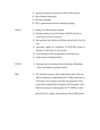 3) Agreement signed for acquisition of B747-200 simulator.
          4) Ras-ul-Khaima introduced.
          5) PIC turns profitable.
          6) PIA’s organizational structure undergoing change.


1994-95   1) Boeing 747-200 Simulator installed.
          2) Purchase option on one used Airbus A300-B4 Aircraft on
              lease from Air France executed.
          3) Haj operation from Sukker and Multan carried out for the first
              time.
          4) Agreement signed for installation of SATCOM System in
              Boeing 747 and Airbus A-310 Aircraft.
          5) Tours Promotion Activity upgraded to Divisional level.
          6) Cargo system revamping started.


1995-96   1) Helicopter service introduced form Islamabad, Abbottabad,
               Lahore and Sialkot to promote tourism.


2004      1) PIA initiated a long term fleet modernization plan in the year
              2002 for induction of eight Boeing B-777-200er wide body air
              craft with a view to replace and renew the aging fleet. It has
              successfully completed the first phase of the first phase of the
              fleet renewal plan by inducting three B-777-200ER air craft

             powered by G.E. Engines during January-March 2004 quarter.
 
