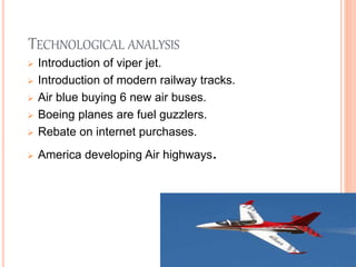 TECHNOLOGICAL ANALYSIS
 Introduction of viper jet.
 Introduction of modern railway tracks.
 Air blue buying 6 new air buses.
 Boeing planes are fuel guzzlers.
 Rebate on internet purchases.
 America developing Air highways.
 