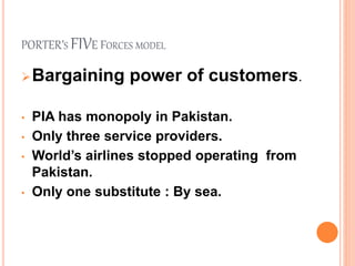 PORTER’S FIVE FORCES MODEL
Bargaining power of customers.
• PIA has monopoly in Pakistan.
• Only three service providers.
• World’s airlines stopped operating from
Pakistan.
• Only one substitute : By sea.
 