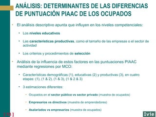 ANÁLISIS: DETERMINANTES DE LAS DIFERENCIAS
DE PUNTUACIÓN PIAAC DE LOS OCUPADOS
• El análisis descriptivo apunta que influyen en los niveles competenciales:
• Los niveles educativos
• Las características productivas, como el tamaño de las empresas o el sector de
actividad
• Los criterios y procedimientos de selección

• Análisis de la influencia de estos factores en las puntuaciones PIAAC
mediante regresiones por MCO:
• Características demográficas (1), educativas (2) y productivas (3), en cuatro
etapas: (1), (1 & 2), (1 & 3), (1 & 2 & 3)
• 3 estimaciones diferentes:
• Ocupados en el sector público vs sector privado (muestra de ocupados)
• Empresarios vs directivos (muestra de emprendedores)
• Asalariados vs empresarios (muestra de ocupados)

[ 13 ]

 