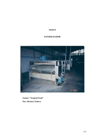 117
FOTO 9
ESTERILIZADOR
Fuente: “Tropical Food”
Por: Silvana Córdova
 
