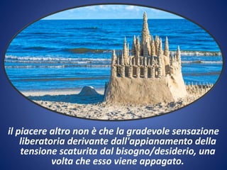 il piacere altro non è che la gradevole sensazione
liberatoria derivante dall'appianamento della
tensione scaturita dal bisogno/desiderio, una
volta che esso viene appagato.
 