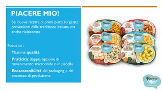 PIACERE MIO!
 Sei nuove ricette di primi piatti surgelati:
provenienti dalla tradizione italiana, ma
anche rielaborate
Focus su :
 Massima qualità
 Praticità: doppia opzione di
rinvenimento: microonde o in padella
 Ecosostenibilità del packaging e del
processo di produzione
 