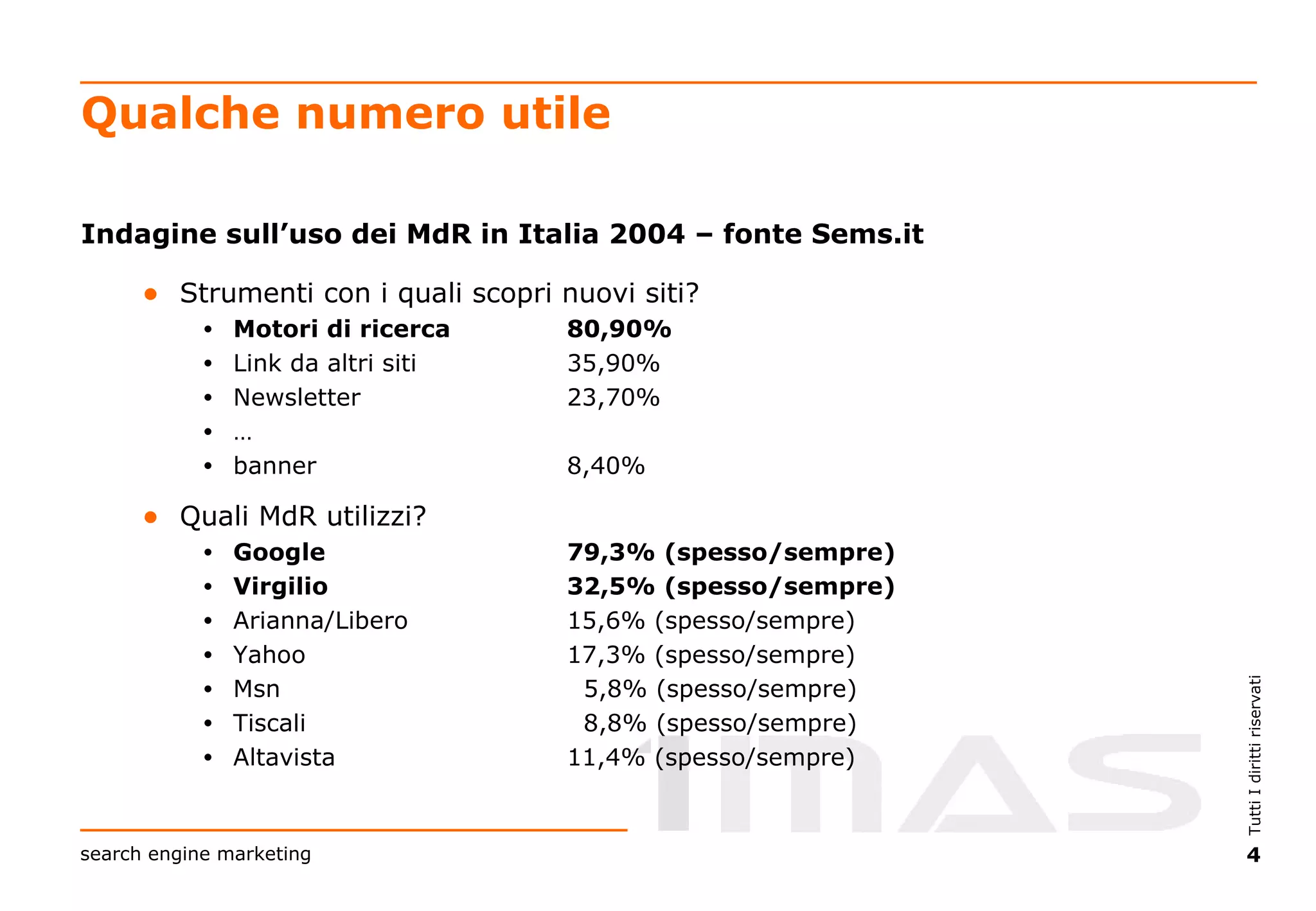 Qualche numero utile Indagine sull’uso dei MdR in Italia 2004 – fonte Sems.it Strumenti con i quali scopri nuovi siti? Motori di ricerca  80,90% Link da altri siti 35,90% Newsletter  23,70% … banner  8,40% Quali MdR utilizzi? Google  79,3% (spesso/sempre) Virgilio 32,5% (spesso/sempre) Arianna/Libero 15,6% (spesso/sempre) Yahoo 17,3% (spesso/sempre) Msn   5,8% (spesso/sempre) Tiscali   8,8% (spesso/sempre) Altavista 11,4% (spesso/sempre) 
