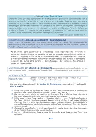 Gestão de desempenho
11 | P á g i n a
PREMISSA FORMAÇÃO CONTÍNUA
Entendida como processo permanente de aperfeiçoamento profissional, comprometido com o
autodesenvolvimento na carreira e com o papel de educador. Segundo essa premissa, a
formação do educador é abordada sob duas perspectivas: a primeira busca o aperfeiçoamento
da formação do educador nas bases, nos conceitos e nas práticas do Programa Ensino Integral; a
segunda dedica-se à formação do educador no âmbito do Currículo. Portanto, trata-se de
fortalecer a formação docente no que se refere aos conteúdos do Currículo (Base Nacional
Comum e Parte Diversificada) trabalhados na sua prática profissional.
Modelo de Gestão das Escolas, 2014
[COMPETÊNCIA ②] DOMÍNIO DO CONHECIMENTO E CONTEXTUALIZAÇÃO
Possui domínio de sua área de conhecimento, sendo capaz de comunicá-la e contextualizá-la,
relacionando-a com a realidade do aluno, a prática, as disciplinas da Base Nacional Comum, a
Parte Diversificada e os Projetos de Vida.
As atividades para desenvolver a competência nesse macroindicador envolvem: i)
aprofundar o conhecimento na disciplina ou área de atuação, especialmente no que se
refere ao Currículo do Estado de São Paulo; ii) desenvolver a capacidade didática para que
o domínio do conhecimento seja transformado em aprendizado pelo aluno; e iii) conhecer a
realidade dos alunos para garantir a contextualização dos conteúdos trabalhados e
favorecer a aprendizagem.
MACROINDICADOR ②.1 DOMÍNIO DO CONHECIMENTO: possui conhecimento aprofundado em sua
área de conhecimento, demonstrando propriedade no conteúdo, habilidades e competências.
MICROINDICADOR ②.1.1
Todas as funções
Conhece os princípios do Currículo do Estado de São Paulo e sua
relação com o Programa Ensino Integral.
Atividade para desenvolvimento do Domínio do Conhecimento, microindicador 1, aplicável à
todas as funções:
 Estude o material do Currículo do Estado de São Paulo, especialmente o capítulo dos
princípios, e faça anotações dos pontos que gostaria de esclarecer.
 Da mesma forma, estude os materiais do Programa Ensino Integral, seus princípios e
premissas, e faça anotações dos pontos que gostaria de esclarecer.
 Reflita sobre como o Programa Ensino Integral se relaciona com o Currículo do Estado de
São Paulo – como o modelo pedagógico do programa se estrutura a partir dos princípios do
Currículo? Como a parte diversificada potencializa o desenvolvimento das habilidades e
competências previstas na disciplina em que leciona/área de atuação? E em sua área de
conhecimento?
 Compartilhe suas reflexões com outros profissionais da escola, de sua disciplina, de sua área
de conhecimento para ampliar sua perspectiva.
 Busque apoio do Professor Coordenador de Área e Professor Coordenador Geral nesse
processo.
 