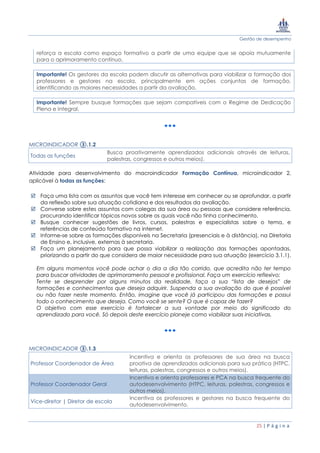 Gestão de desempenho
25 | P á g i n a
reforça a escola como espaço formativo a partir de uma equipe que se apoia mutuamente
para o aprimoramento contínuo.
Importante! Os gestores da escola podem discutir as alternativas para viabilizar a formação dos
professores e gestores na escola, principalmente em ações conjuntas de formação,
identificando as maiores necessidades a partir da avaliação.
Importante! Sempre busque formações que sejam compatíveis com o Regime de Dedicação
Plena e Integral.
MICROINDICADOR ③.1.2
Todas as funções
Busca proativamente aprendizados adicionais através de leituras,
palestras, congressos e outros meios).
Atividade para desenvolvimento do macroindicador Formação Contínua, microindicador 2,
aplicável à todas as funções:
 Faça uma lista com os assuntos que você tem interesse em conhecer ou se aprofundar, a partir
da reflexão sobre sua atuação cotidiana e dos resultados da avaliação.
 Converse sobre estes assuntos com colegas da sua área ou pessoas que considere referência,
procurando identificar tópicos novos sobre os quais você não tinha conhecimento.
 Busque conhecer sugestões de livros, cursos, palestras e especialistas sobre o tema, e
referências de conteúdo formativo na internet.
 Informe-se sobre as formações disponíveis na Secretaria (presenciais e à distância), na Diretoria
de Ensino e, inclusive, externas à secretaria.
 Faça um planejamento para que possa viabilizar a realização das formações apontadas,
priorizando a partir do que considera de maior necessidade para sua atuação (exercício 3.1.1).
Em alguns momentos você pode achar o dia a dia tão corrido, que acredita não ter tempo
para buscar atividades de aprimoramento pessoal e profissional. Faça um exercício reflexivo:
Tente se desprender por alguns minutos da realidade, faça a sua “lista de desejos” de
formações e conhecimentos que deseja adquirir. Suspenda a sua avaliação do que é possível
ou não fazer neste momento. Então, imagine que você já participou das formações e possui
todo o conhecimento que deseja. Como você se sente? O que é capaz de fazer?
O objetivo com esse exercício é fortalecer a sua vontade por meio do significado do
aprendizado para você. Só depois deste exercício planeje como viabilizar suas iniciativas.
MICROINDICADOR ③.1.3
Professor Coordenador de Área
Incentiva e orienta os professores de sua área na busca
proativa de aprendizados adicionais para sua prática (HTPC,
leituras, palestras, congressos e outros meios).
Professor Coordenador Geral
Incentiva e orienta professores e PCA na busca frequente do
autodesenvolvimento (HTPC, leituras, palestras, congressos e
outros meios).
Vice-diretor | Diretor de escola
Incentiva os professores e gestores na busca frequente do
autodesenvolvimento.
 