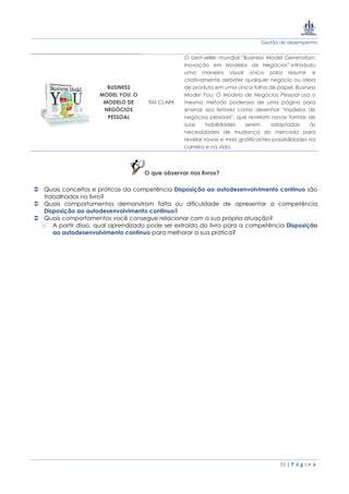 Gestão de desempenho
31 | P á g i n a
BUSINESS
MODEL YOU: O
MODELO DE
NEGÓCIOS
PESSOAL
TIM CLARK
O best-seller mundial “Business Model Generation:
Inovação em Modelos de Negócios” introduziu
uma maneira visual única para resumir e
criativamente debater qualquer negócio ou ideia
de produto em uma única folha de papel. Business
Model You: O Modelo de Negócios Pessoal usa o
mesmo método poderoso de uma página para
ensinar aos leitores como desenhar "modelos de
negócios pessoais", que revelam novas formas de
suas habilidades serem adaptadas às
necessidades de mudança do mercado para
revelar novas e mais gratificantes possibilidades na
carreira e na vida.
O que observar nos livros?
 Quais conceitos e práticas da competência Disposição ao autodesenvolvimento contínuo são
trabalhados no livro?
 Quais comportamentos demonstram falta ou dificuldade de apresentar a competência
Disposição ao autodesenvolvimento contínuo?
 Quais comportamentos você consegue relacionar com a sua própria atuação?
o A partir disso, qual aprendizado pode ser extraído do livro para a competência Disposição
ao autodesenvolvimento contínuo para melhorar a sua prática?
 