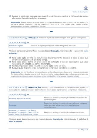 Gestão de desempenho
33 | P á g i n a
 Busque o apoio dos gestores para garantir o alinhamento vertical e horizontal das ações
planejadas, fazendo os ajustes necessários.
Importante! Planejamento envolve dividir as ações ao longo do tempo para que sua realização
se torne viável. Portanto, procure selecionar poucas e boas ações para cada objetivo
identificado a partir do diagnóstico. Priorize.
MACROINDICADOR ④.2 EXECUÇÃO: realiza as ações de aprendizagem e de gestão planejadas
MICROINDICADOR ④.2.1
Todas as funções Executa as ações planejadas no seu Programa de Ação.
Atividade para desenvolvimento do macroindicador Execução, microindicador 1, aplicável à todas
as funções:
 Para cada ação prevista nos instrumentos de planejamento, descreva o passo a passo que
envolve sua realização, dividindo no tempo.
 Para cada passo, defina um prazo viável de realização e faça as observações que julgar
necessárias em relação aos pontos de atenção.
 Realize um passo de cada vez, até concluir a ação como um todo.
 Busque ajuda do gestor ou de outro professor sempre que considerar necessário.
Importante! Um ponto chave para realizar as ações planejadas é fazer uma coisa de cada vez.
Por isso a etapa de planejamento é tão importante: tenha clareza das ações que precisam ser
realizadas no passo a passo, para que possa distribuí-las no tempo de maneira viável.
MACROINDICADOR ④.3 REAVALIAÇÃO: reavalia constantemente as ações planejadas a partir da
execução das ações previstas e dos resultados observados, replanejando sempre que necessário.
MICROINDICADOR ④.3.1
Professor de Sala de Leitura
Revisa sua prática para atingir melhores resultados de
aprendizagem.
Professor
Revisa sua prática para aumentar a leitura e pesquisa
pelos alunos e atingir melhores resultados de
aprendizagem.
Professor Coordenador de Área |
Professor Coordenador Geral | Vice-
diretor de Escola | Diretor de Escola
Revisa sua prática para atingir melhores resultados.
Atividade para desenvolvimento do macroindicador Reavaliação, microindicador 1, aplicável à
todas as funções:
 